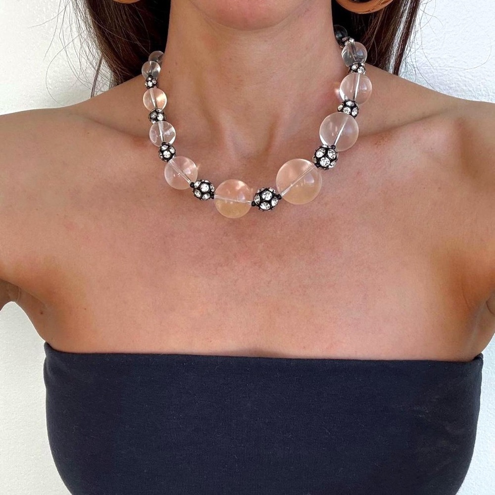 Vintage Round Lucite & Clear Crystal Chunky Beaded Necklace
